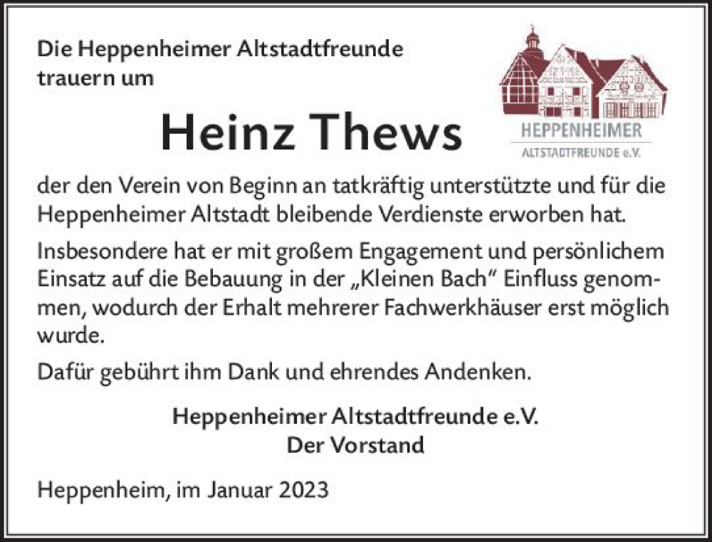  Traueranzeige für Heinz Thews vom 21.01.2023 aus Starkenburger Echo