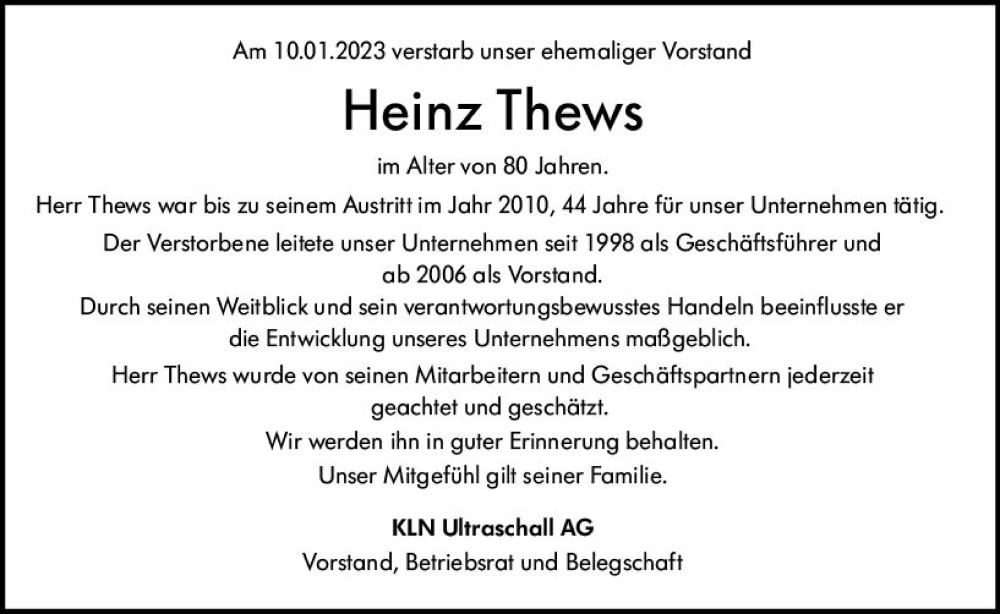  Traueranzeige für Heinz Thews vom 21.01.2023 aus Bergsträßer Anzeiger
