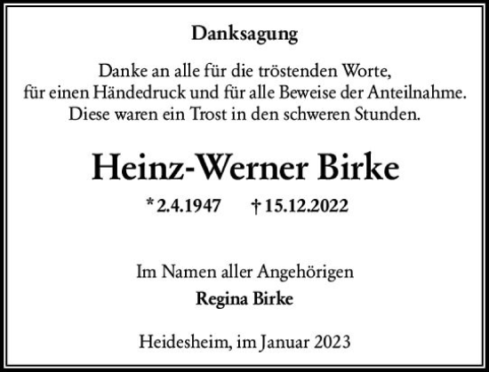 Traueranzeige von Heinz-Werner Birke von Wiesbadener Kurier gesamt