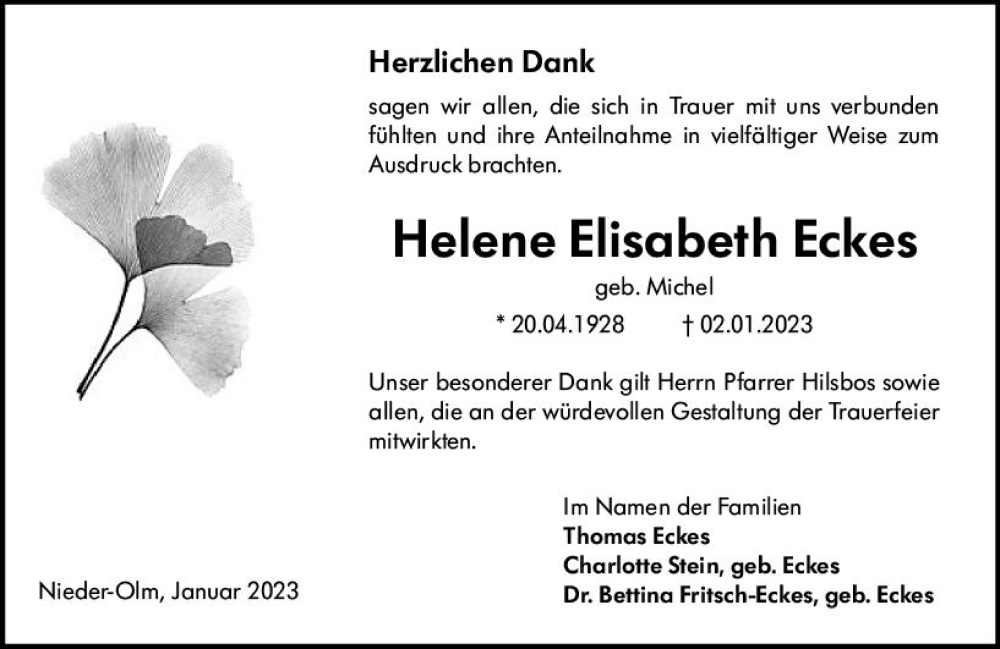  Traueranzeige für Helene Elisabeth Eckes vom 21.01.2023 aus Allgemeine Zeitung Ingelheim-Bingen