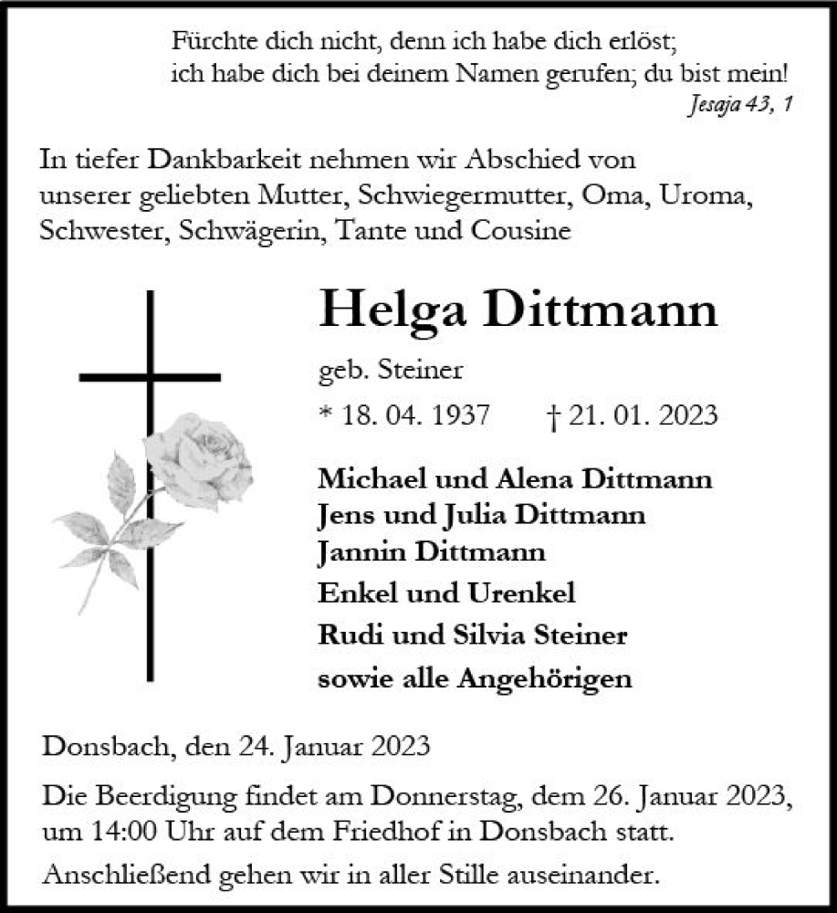  Traueranzeige für Helga Dittmann vom 24.01.2023 aus Dill Block