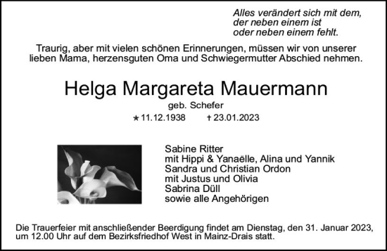 Traueranzeige von Helga Margareta Mauermann von Allgemeine Zeitung Mainz