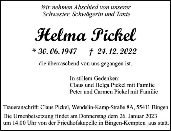 Traueranzeige von Helma Pickel von Allgemeine Zeitung Ingelheim-Bingen