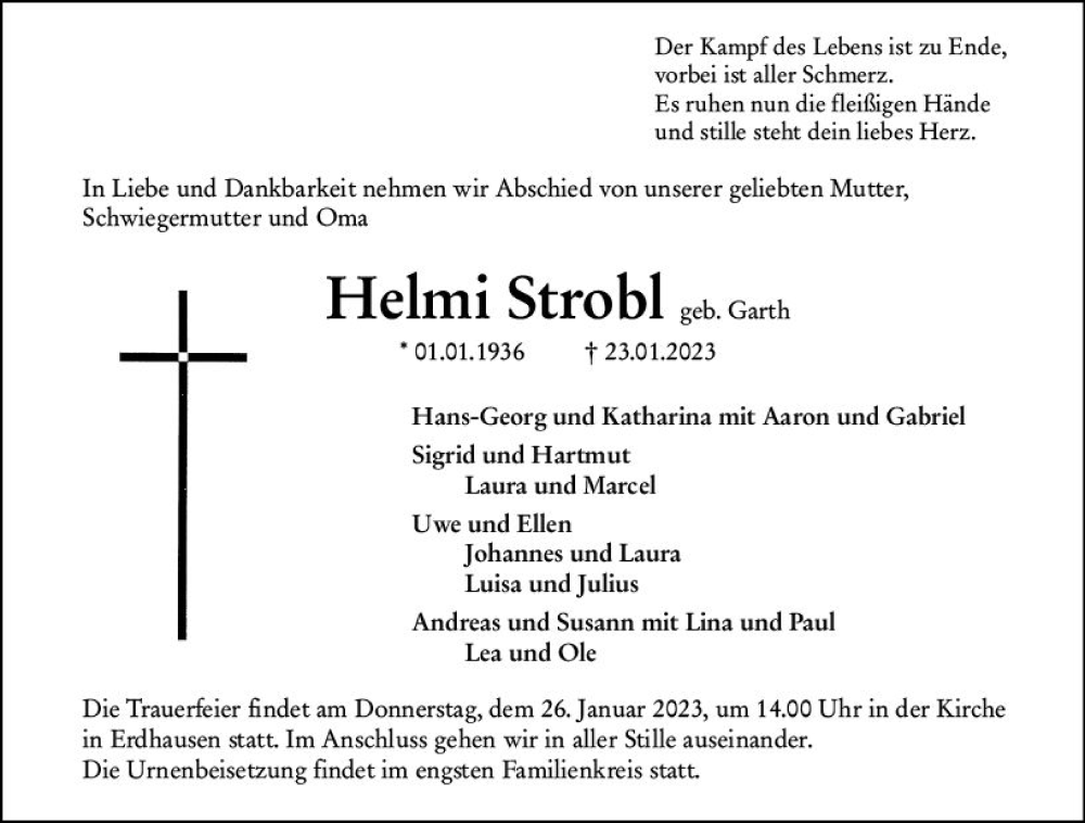  Traueranzeige für Helmi Strobl vom 24.01.2023 aus Hinterländer Anzeiger