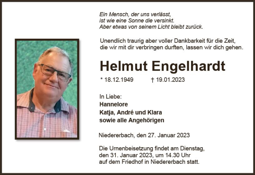 Traueranzeige für Helmut Engelhardt vom 27.01.2023 aus Nassauische Neue Presse