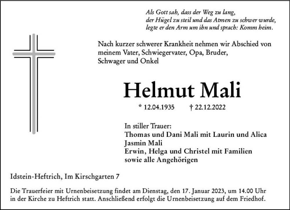  Traueranzeige für Helmut Mali vom 12.01.2023 aus Idsteiner Land / Untertaunus Kurier