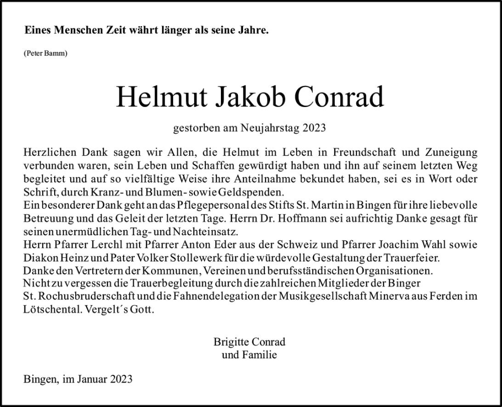  Traueranzeige für Helmut Jakob Conrad vom 28.01.2023 aus Allgemeine Zeitung Ingelheim-Bingen