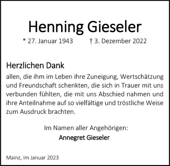 Traueranzeige von Henning Gieseler von Allgemeine Zeitung Mainz