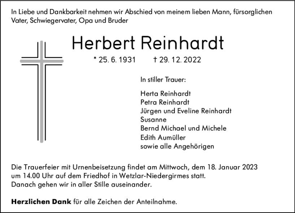  Traueranzeige für Herbert Reinhardt vom 16.01.2023 aus Wetzlarer Neue Zeitung