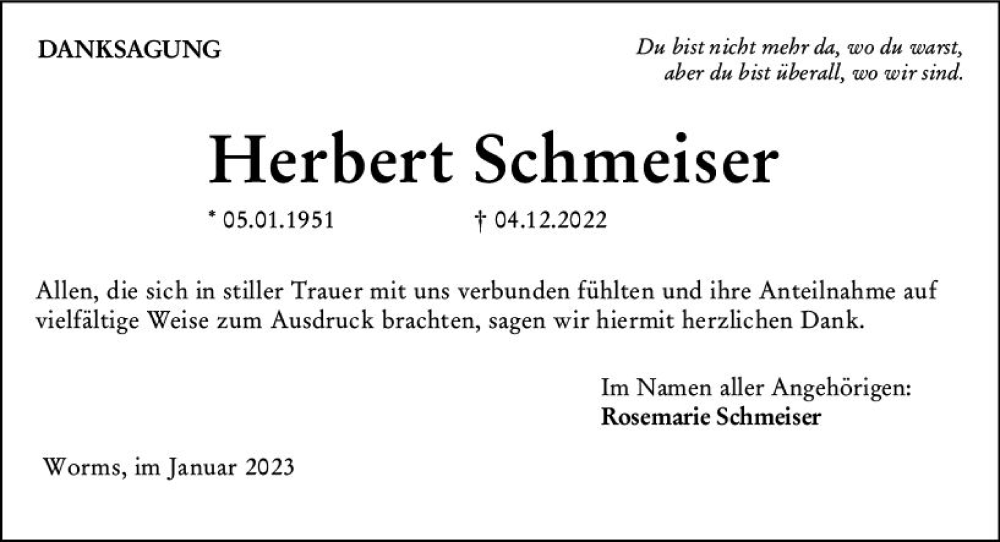  Traueranzeige für Herbert Schmeiser vom 14.01.2023 aus Wormser Zeitung