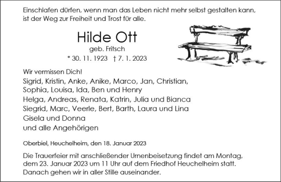 Traueranzeige von Hilde Ott von Wetzlarer Neue Zeitung