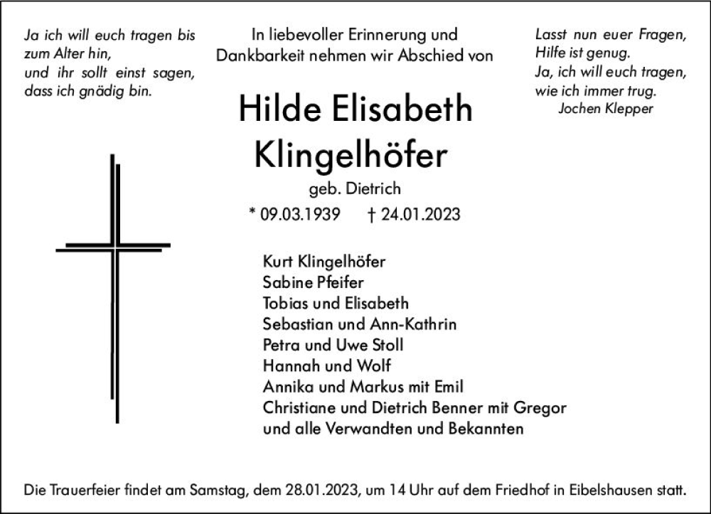 Traueranzeige für Hilde Elisabeth Klingelhöfer vom 26.01.2023 aus Dill Block