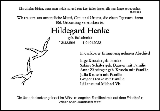 Traueranzeige von Hildegard Henke von Wiesbadener Kurier gesamt