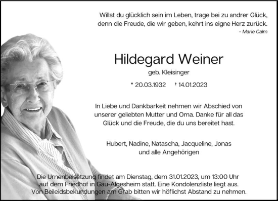 Traueranzeige von Hildegard Weiner von Allgemeine Zeitung Ingelheim-Bingen