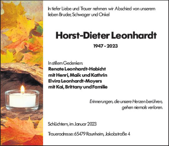 Traueranzeige von Horst-Dieter Leonhardt von Rüsselsheimer Echo