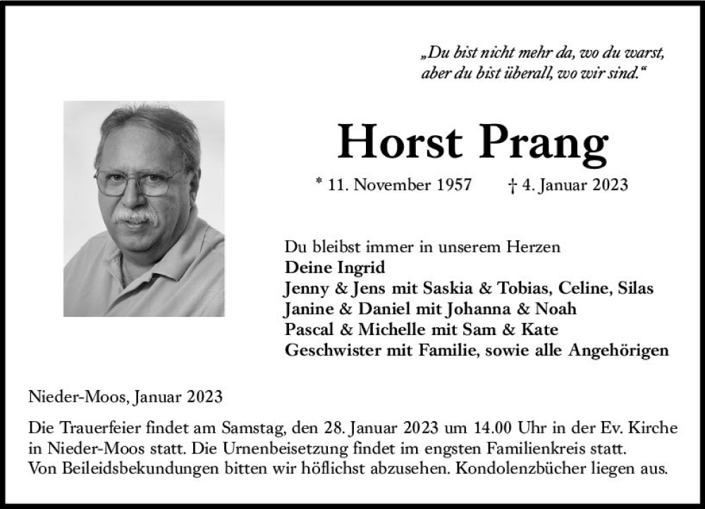  Traueranzeige für Horst Prang vom 26.01.2023 aus VRM Trauer