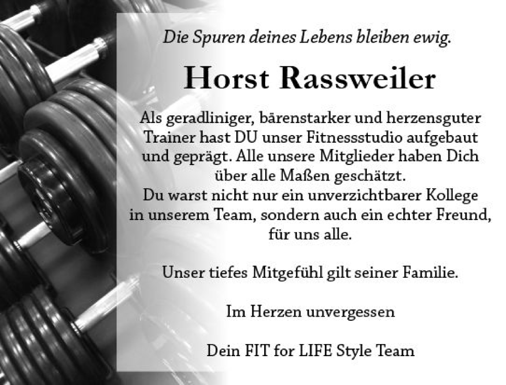  Traueranzeige für Horst Rassweiler vom 25.01.2023 aus Hinterländer Anzeiger