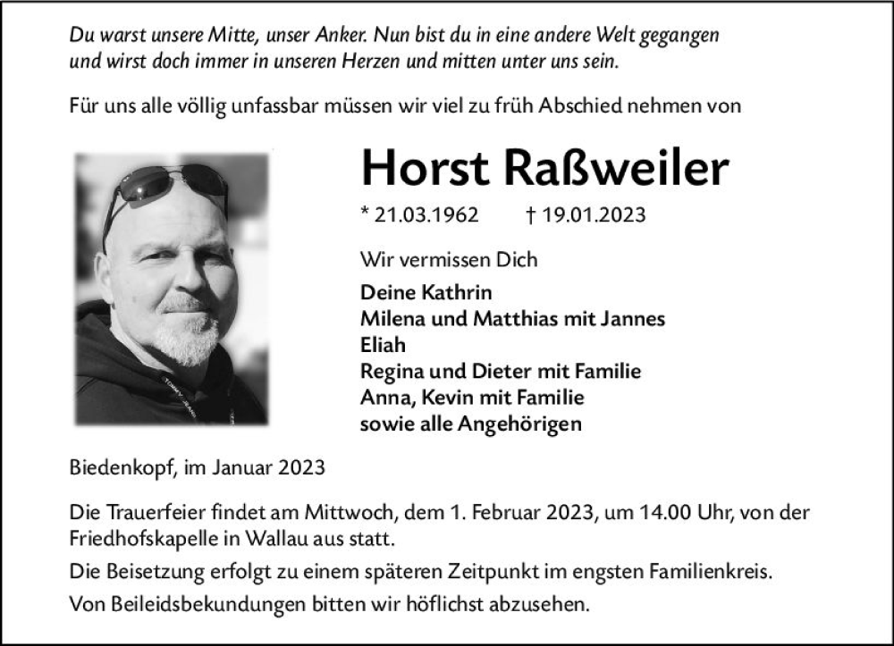 Traueranzeige für Horst Raßweiler vom 24.01.2023 aus Hinterländer Anzeiger