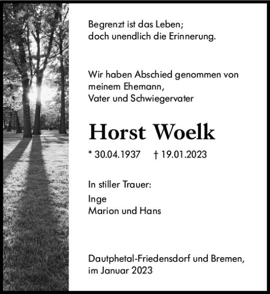 Traueranzeige von Horst Woelk von Hinterländer Anzeiger