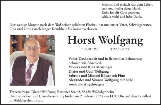 Traueranzeige von Horst Wolfgang von Allgemeine Zeitung Ingelheim-Bingen
