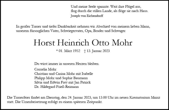 Traueranzeige von Horst Heinrich Otto Mohr von Allgemeine Zeitung Mainz