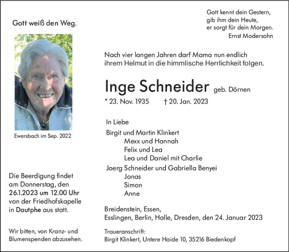  Traueranzeige für Inge Schneider vom 24.01.2023 aus Hinterländer Anzeiger