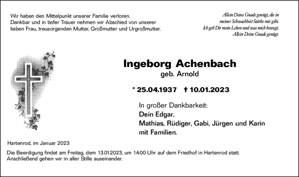  Traueranzeige für Ingeborg Achenbach vom 12.01.2023 aus Hinterländer Anzeiger