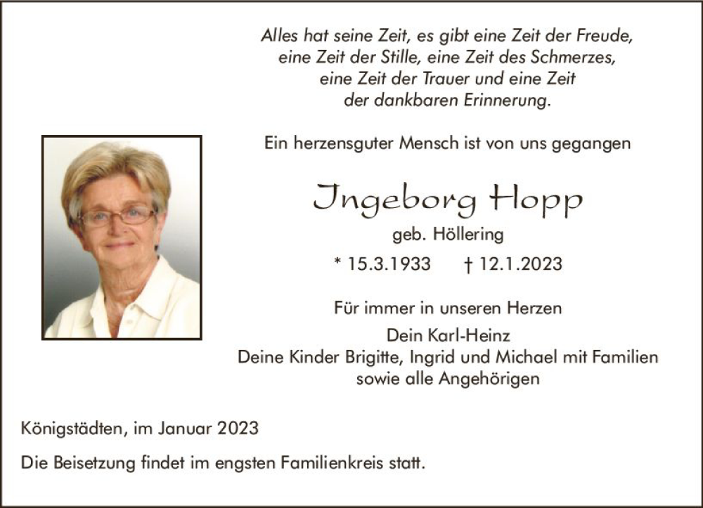  Traueranzeige für Ingeborg Hopp vom 21.01.2023 aus Rüsselsheimer Echo