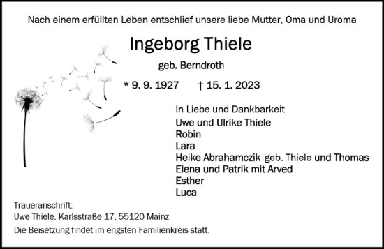 Traueranzeige von Ingeborg Thiele von Allgemeine Zeitung Mainz