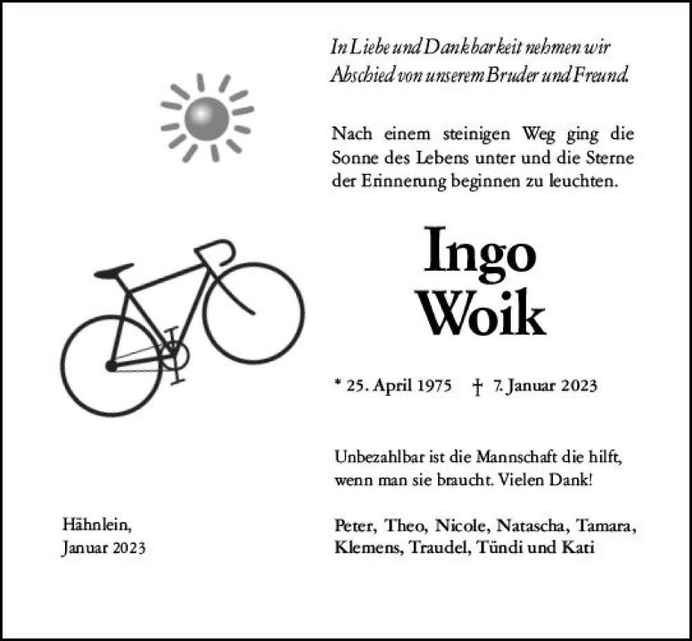  Traueranzeige für Ingo Woik vom 13.01.2023 aus Darmstädter Echo