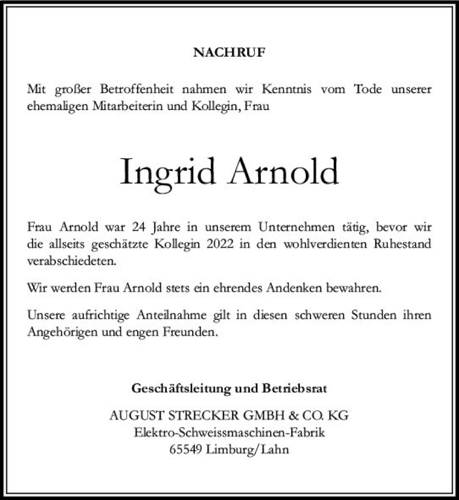  Traueranzeige für Ingrid Arnold vom 21.01.2023 aus Nassauische Neue Presse