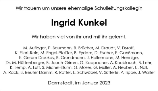 Traueranzeige von Ingrid Kunkel von Darmstädter Echo