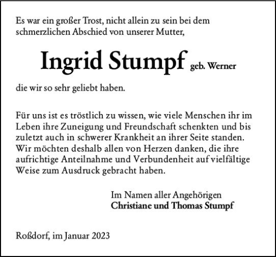 Traueranzeige von Ingrid Stumpf von Darmstädter Echo