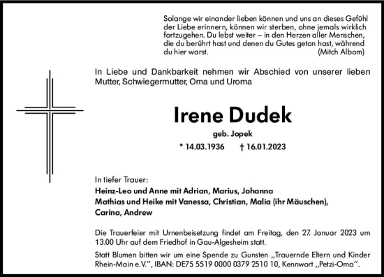 Traueranzeige von Irene Dudek von Allgemeine Zeitung Ingelheim-Bingen