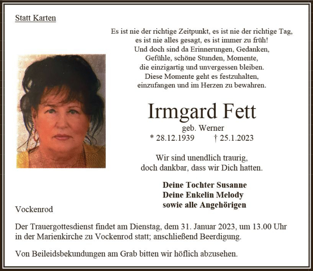 Traueranzeige für Irmgard Fett vom 28.01.2023 aus VRM Trauer