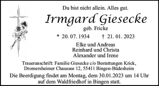 Traueranzeige von Irmgard Giesecke von Bingen/Ingelheim Wochenblatt inkl. NBZ