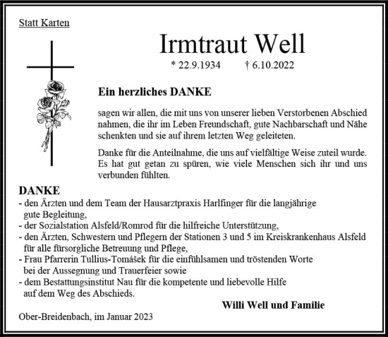 Traueranzeige von Irmtraut Well von OK Oberhessen Kurier