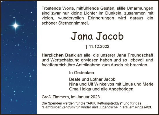 Traueranzeige von Jana  Jacob von DieburgerAnzeiger/Groß-Zimmerner Lokalanzeiger