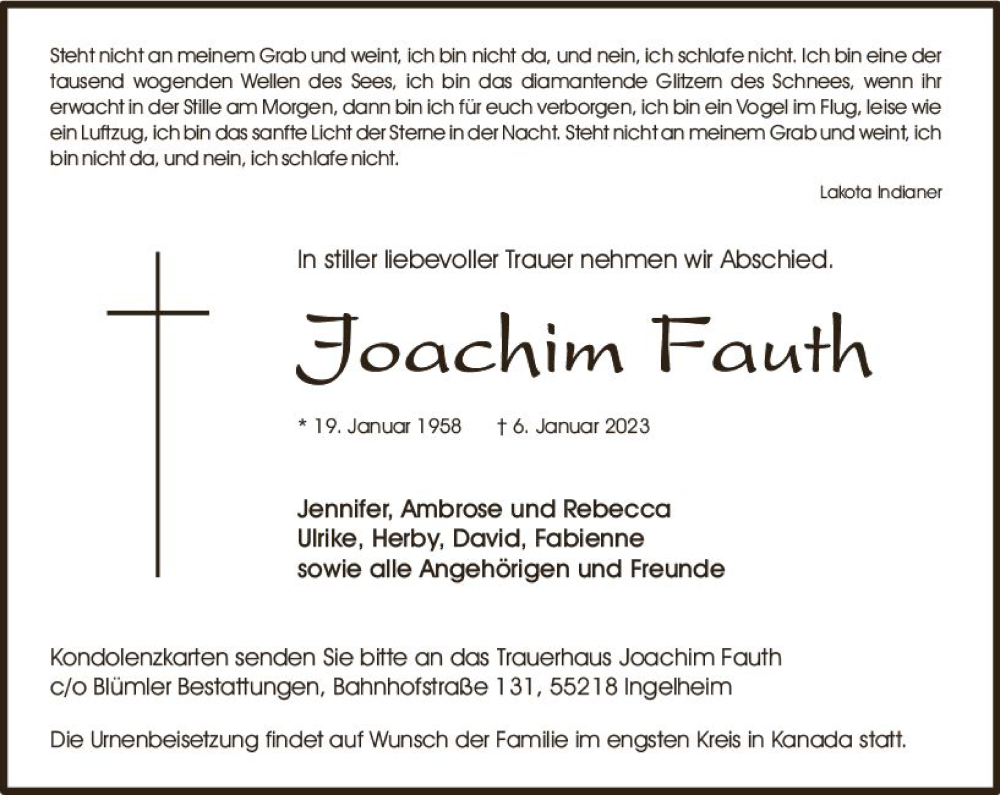  Traueranzeige für Joachim Fauth vom 21.01.2023 aus Allgemeine Zeitung Ingelheim-Bingen