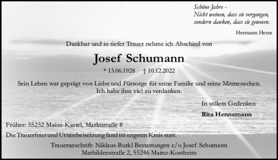 Traueranzeige von Josef Schumann von Allgemeine Zeitung Mainz