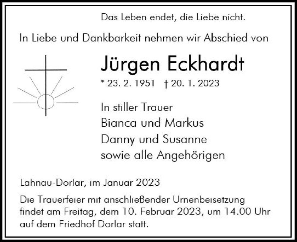  Traueranzeige für Jürgen Eckhardt vom 28.01.2023 aus Wetzlarer Neue Zeitung