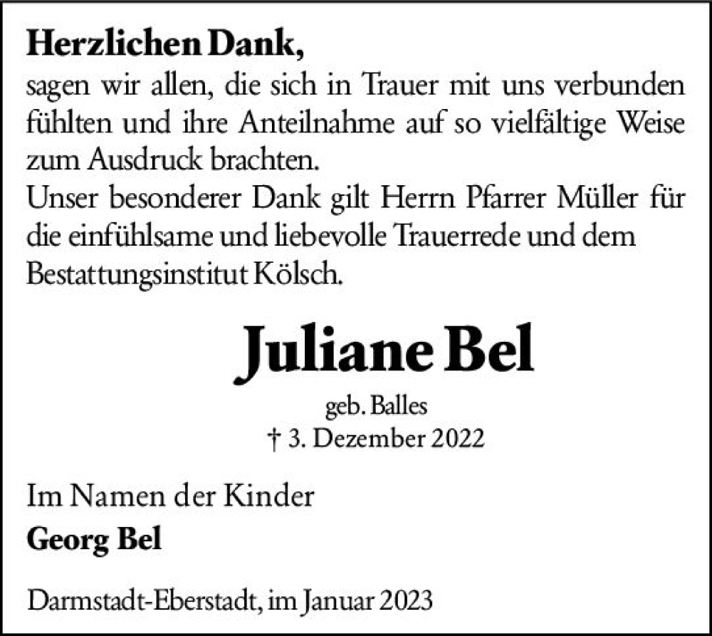  Traueranzeige für Juliane Bel vom 14.01.2023 aus Darmstädter Echo