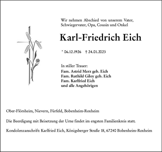 Traueranzeige von Karl-Friedrich Eich von Allgemeine Zeitung Alzey