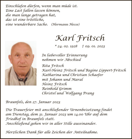 Traueranzeige von Karl Fritsch von Wetzlarer Neue Zeitung