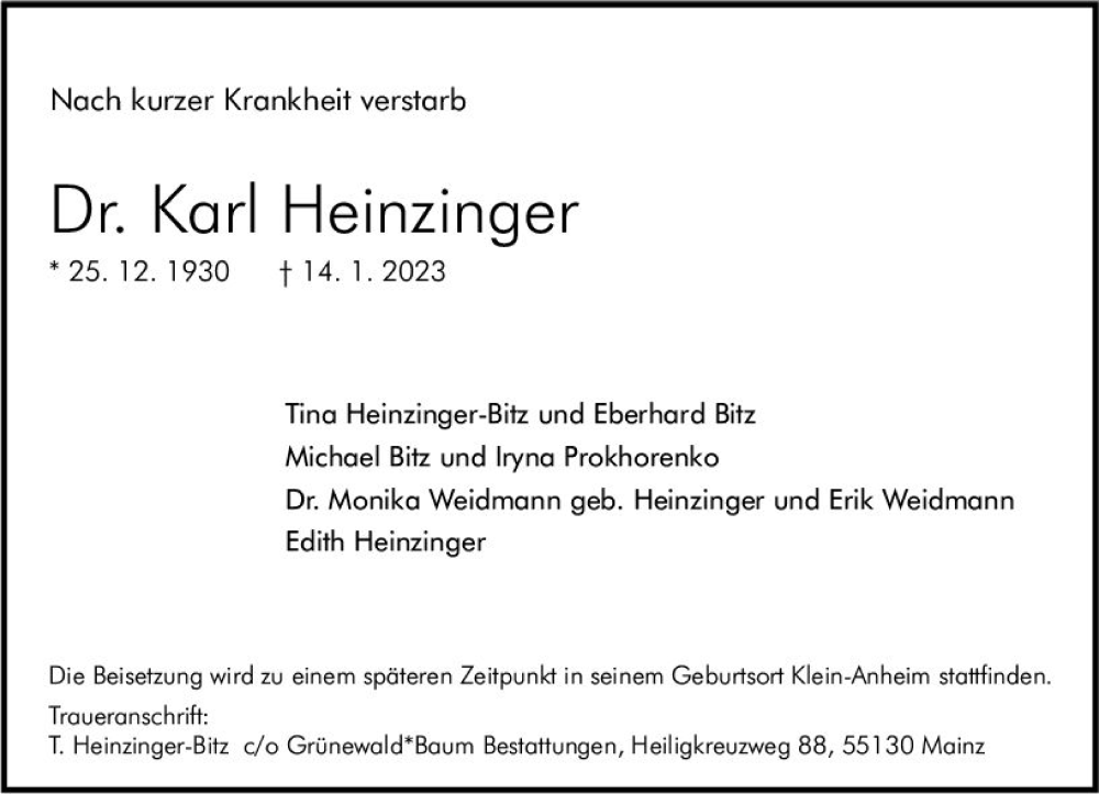  Traueranzeige für Karl Heinzinger vom 21.01.2023 aus Allgemeine Zeitung Mainz