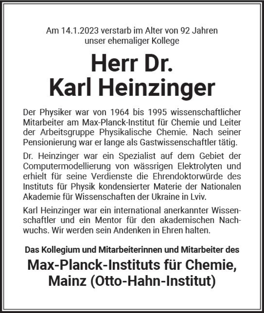  Traueranzeige für Karl Heinzinger vom 28.01.2023 aus Allgemeine Zeitung Mainz
