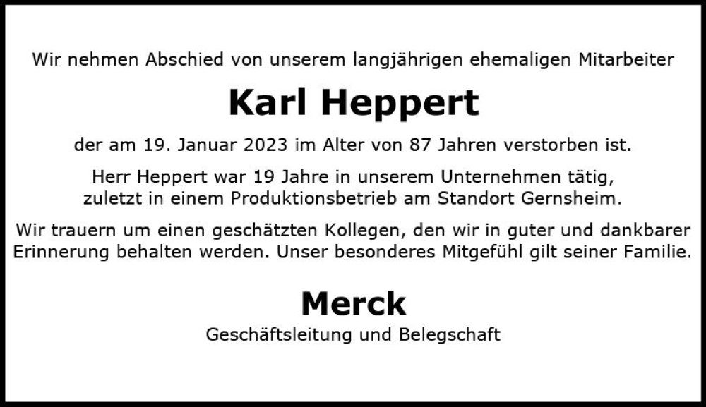  Traueranzeige für Karl Heppert vom 27.01.2023 aus Groß-Gerauer Echo