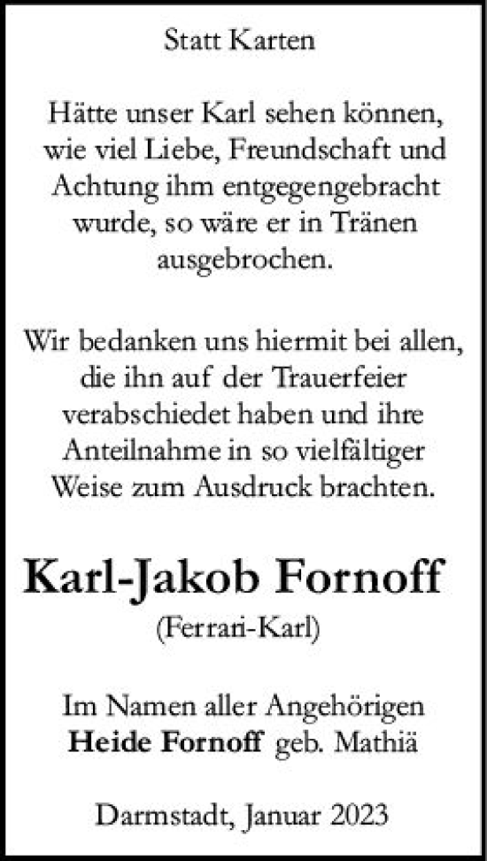 Traueranzeige von Karl-Jakob Fornoff von Darmstädter Echo