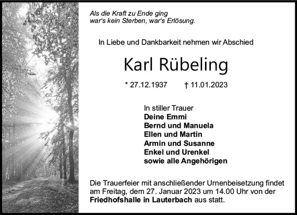  Traueranzeige für Karl Rübeling vom 21.01.2023 aus Lauterbacher Anzeiger
