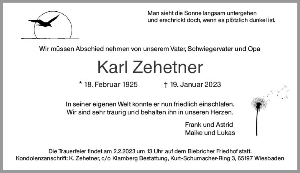  Traueranzeige für Karl Zehetner vom 28.01.2023 aus Wiesbadener Kurier gesamt